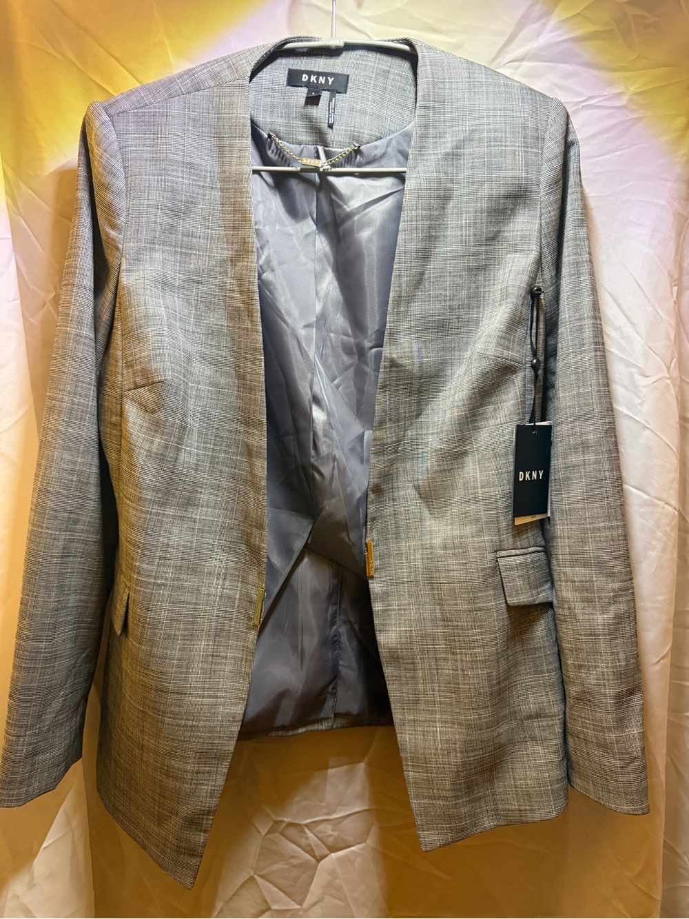 DKNY Men's Light Gray Plaid Open-Front Blazer